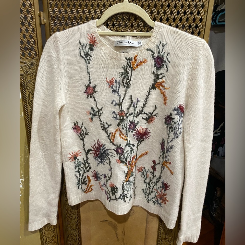 Christian Dior 20 Year Bee Floral Cashmere Knit Sweater White